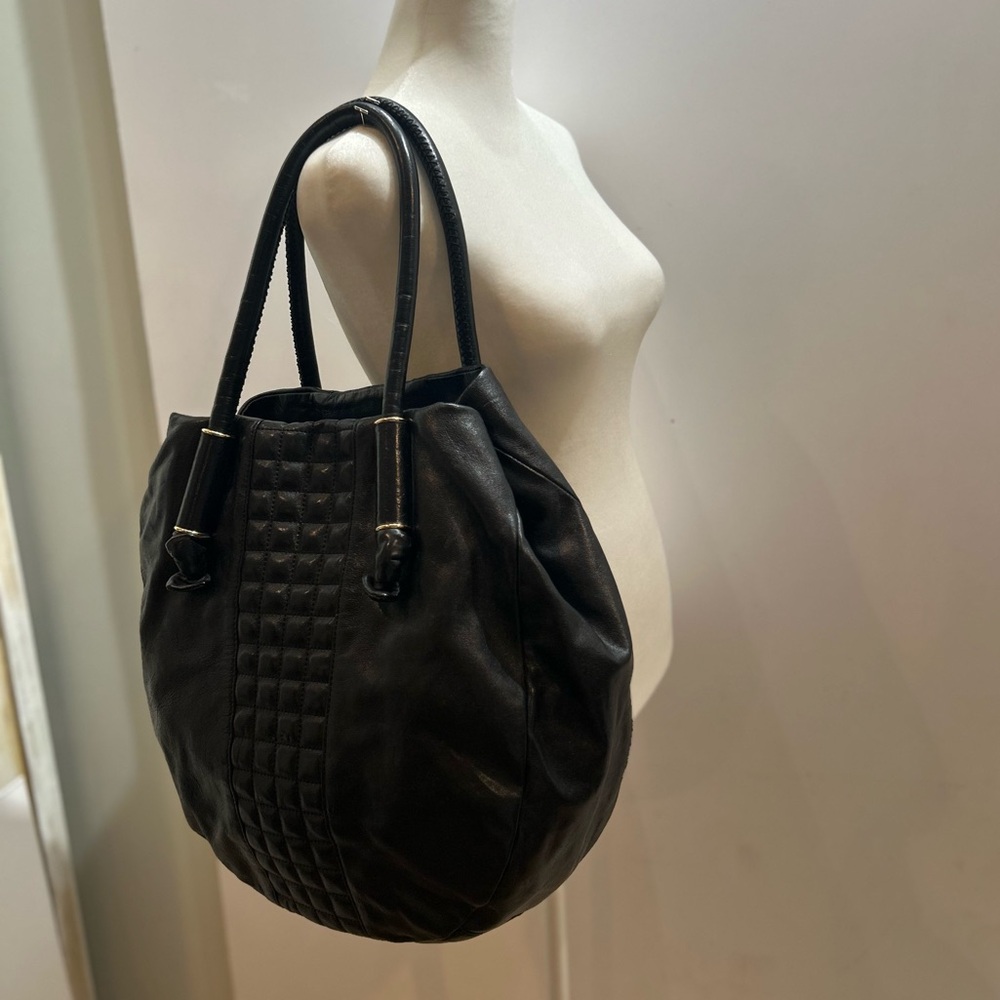 NWOT Per Se Black Quilted Shoulder Bag Large Italian Leather Tote Work Travel